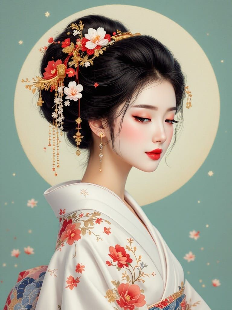 Elegant Woman in Kimono: Hokusai and Kuvshinov Style