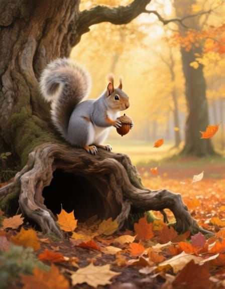 Autumn Woodland Squirrel Preparing for Winter