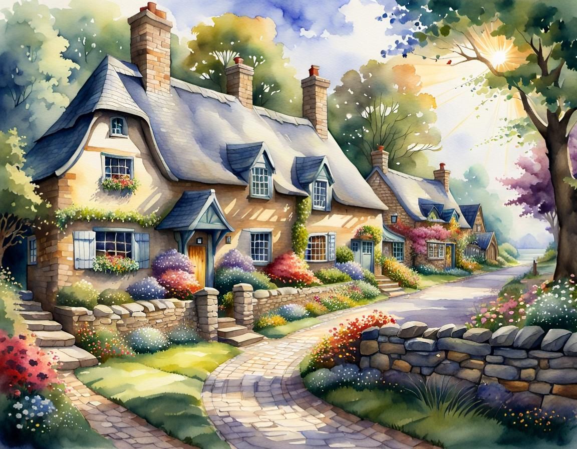 Charming Watercolor Cottages Along Cobblestone Path