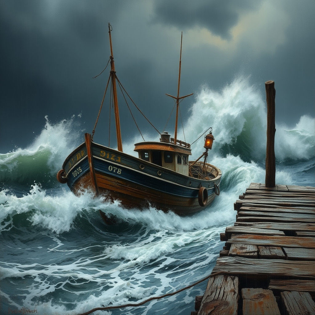 Fishing Boat in Stormy Seas, Maritime Art Style