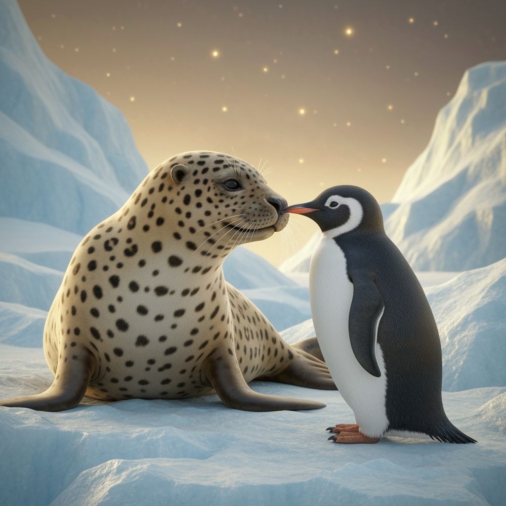 Leopard Seal and Penguin Interact in Icy Antarctic Landscape