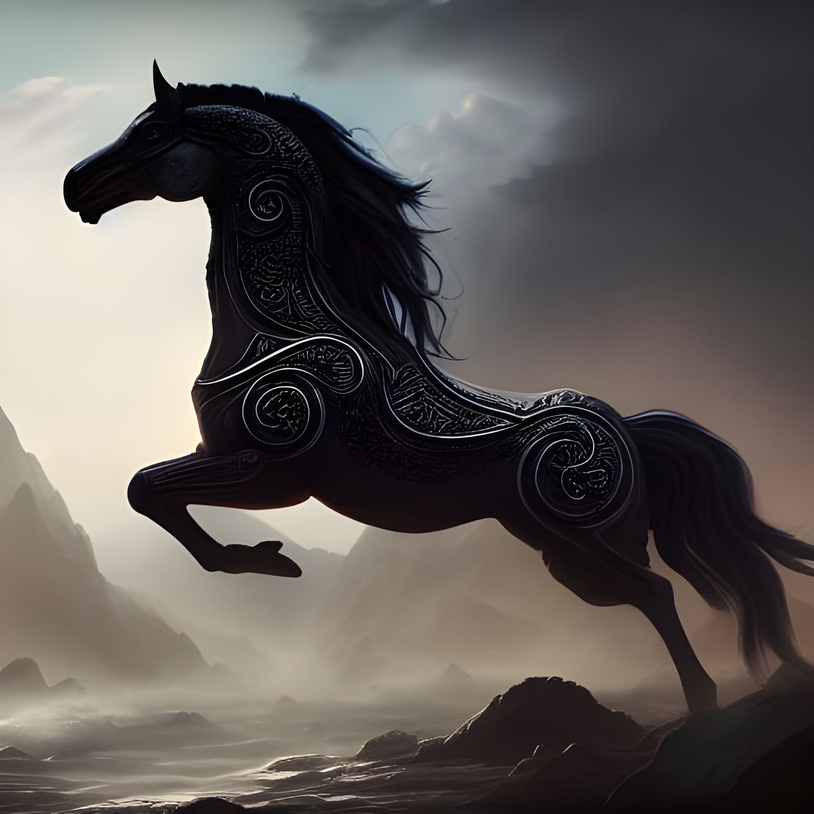Winged Black War Horse in Detailed Matte Painting