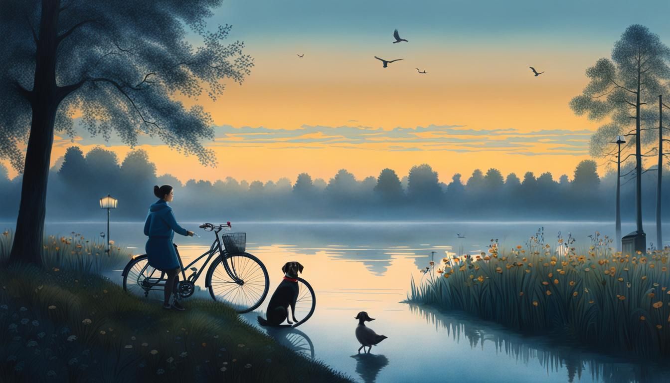 Cinematic Painting of a Woman Cycling by a Lake
