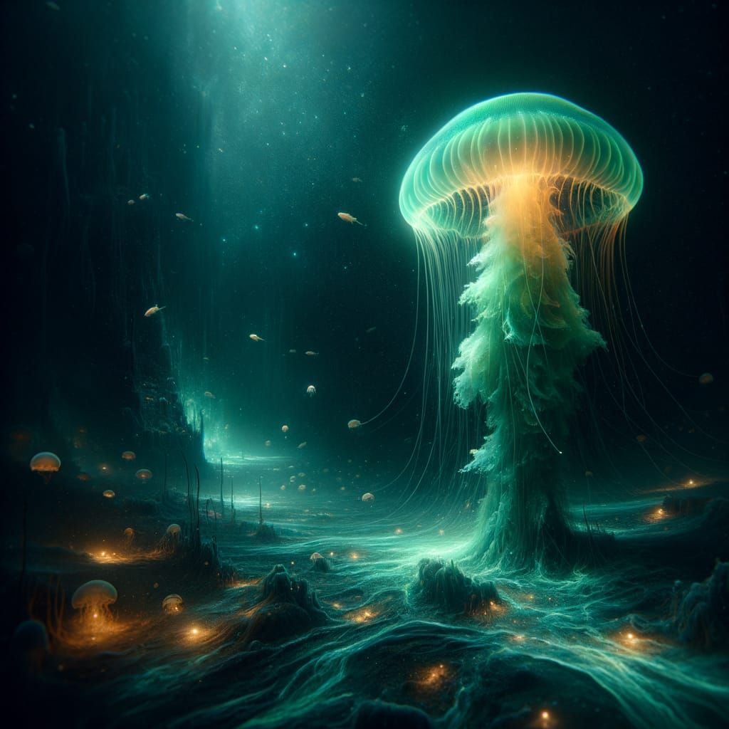 Bioluminescent Jellyfish Gliding Through a Dark Ocean