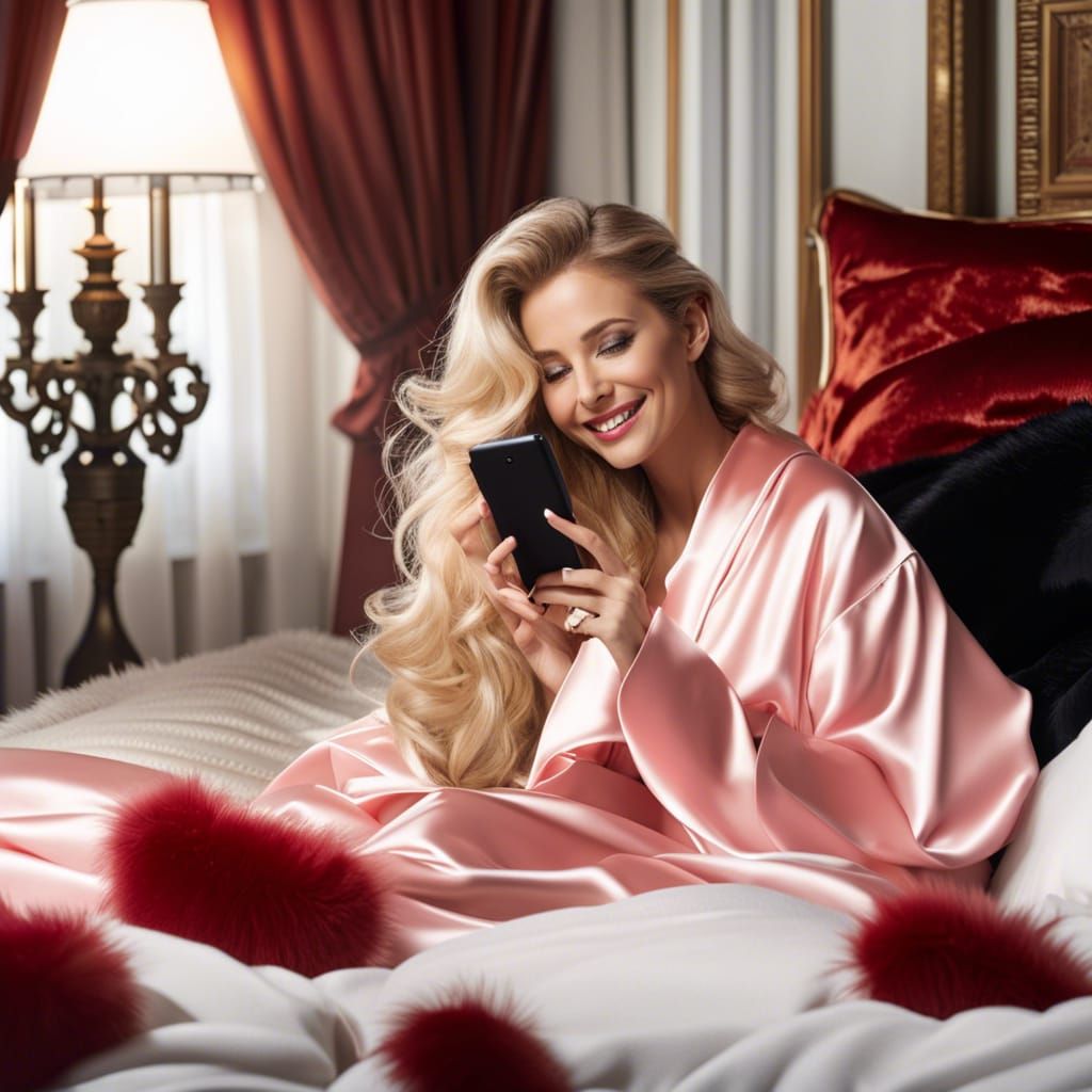 Blonde Woman in Satin Pajamas Relaxing in Bed