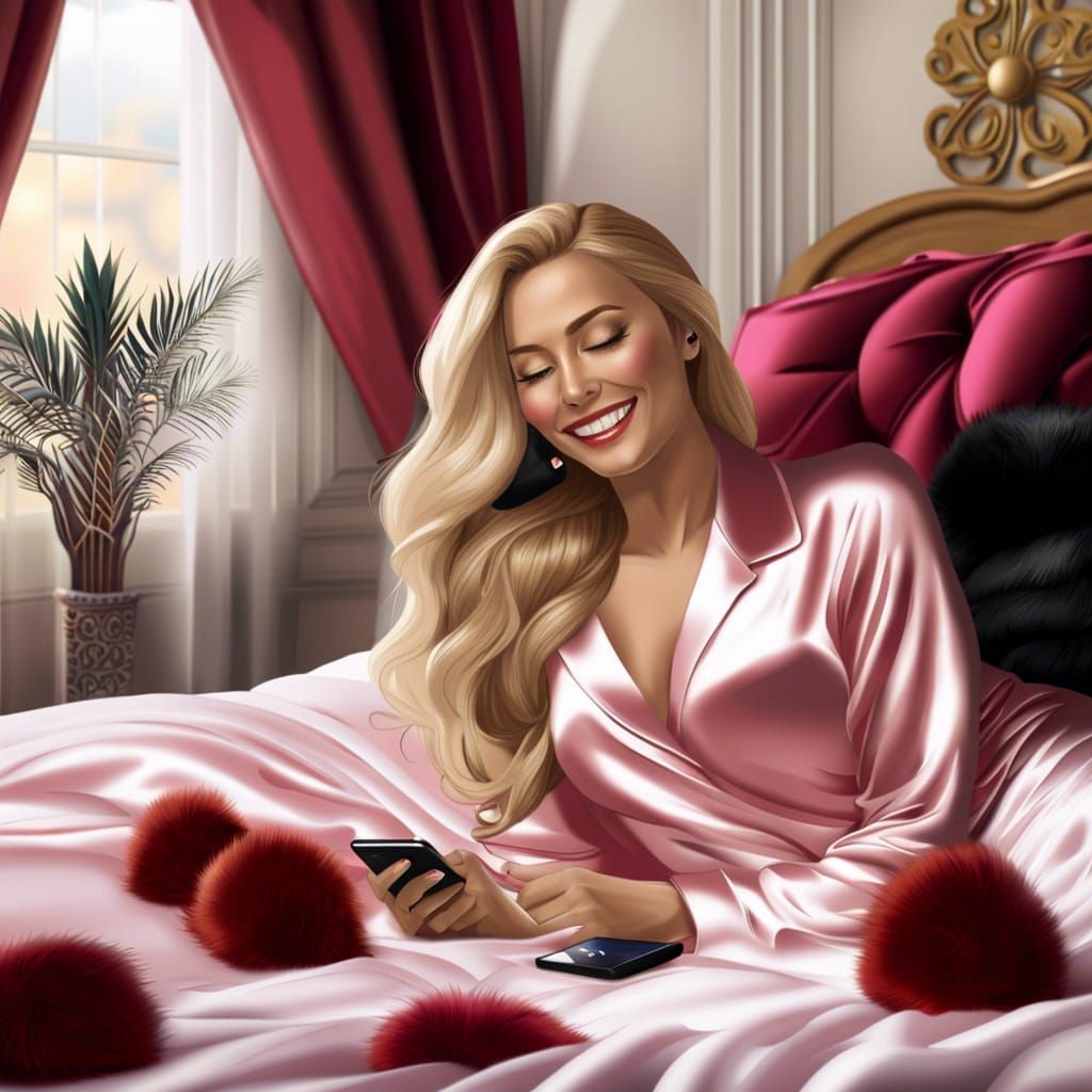 Blonde Woman in Satin Pajamas Relaxing in Bed