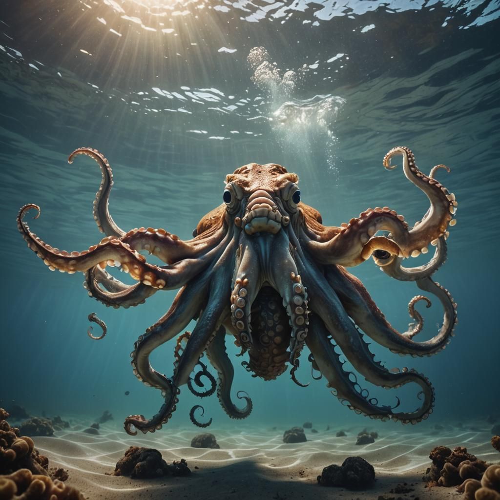 Cow with Octopus Face in Ocean: Cinematic Still