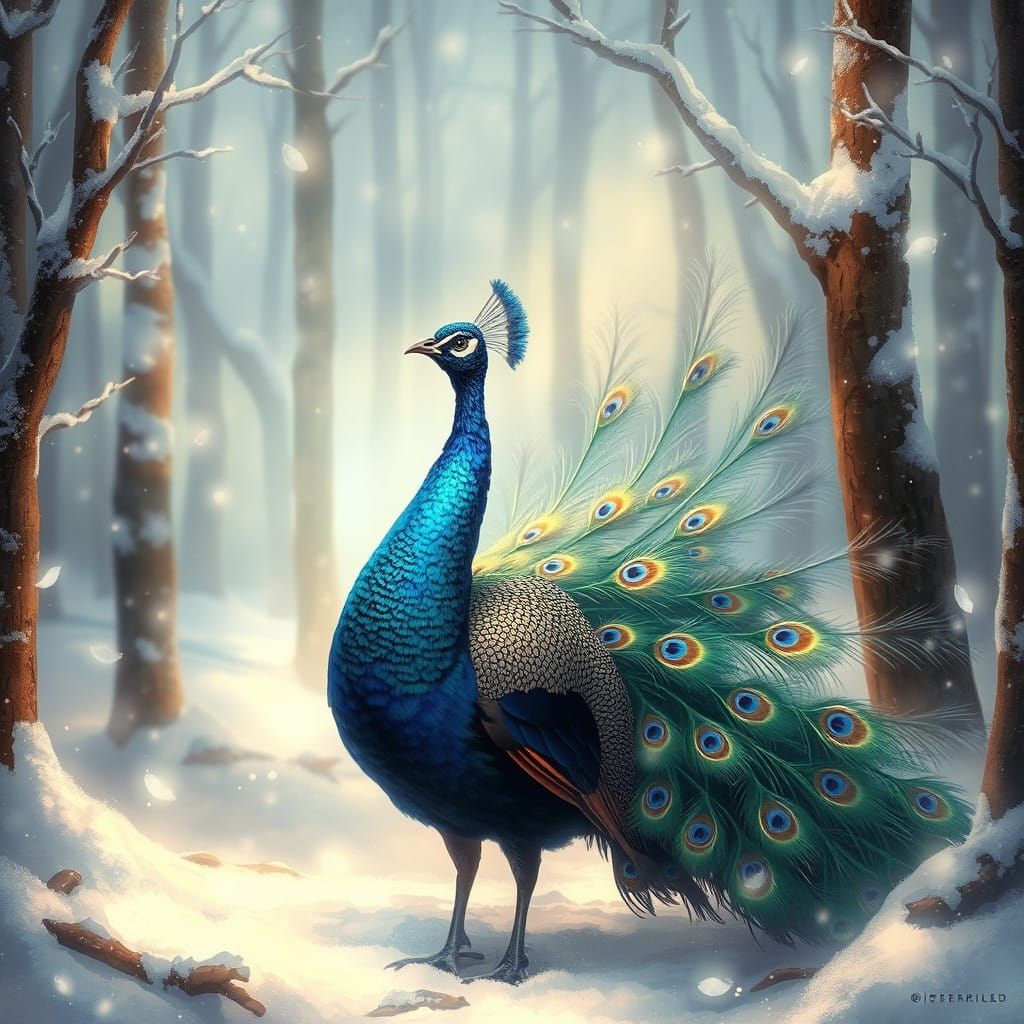 Majestic Peacock in Snowy Forest