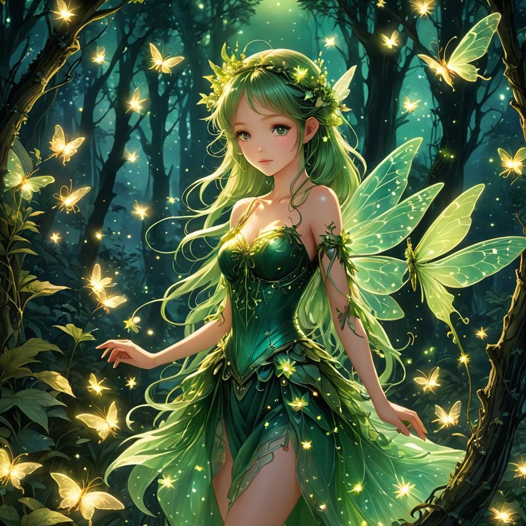 Ethereal Anime Fairy with Firefly in Forest