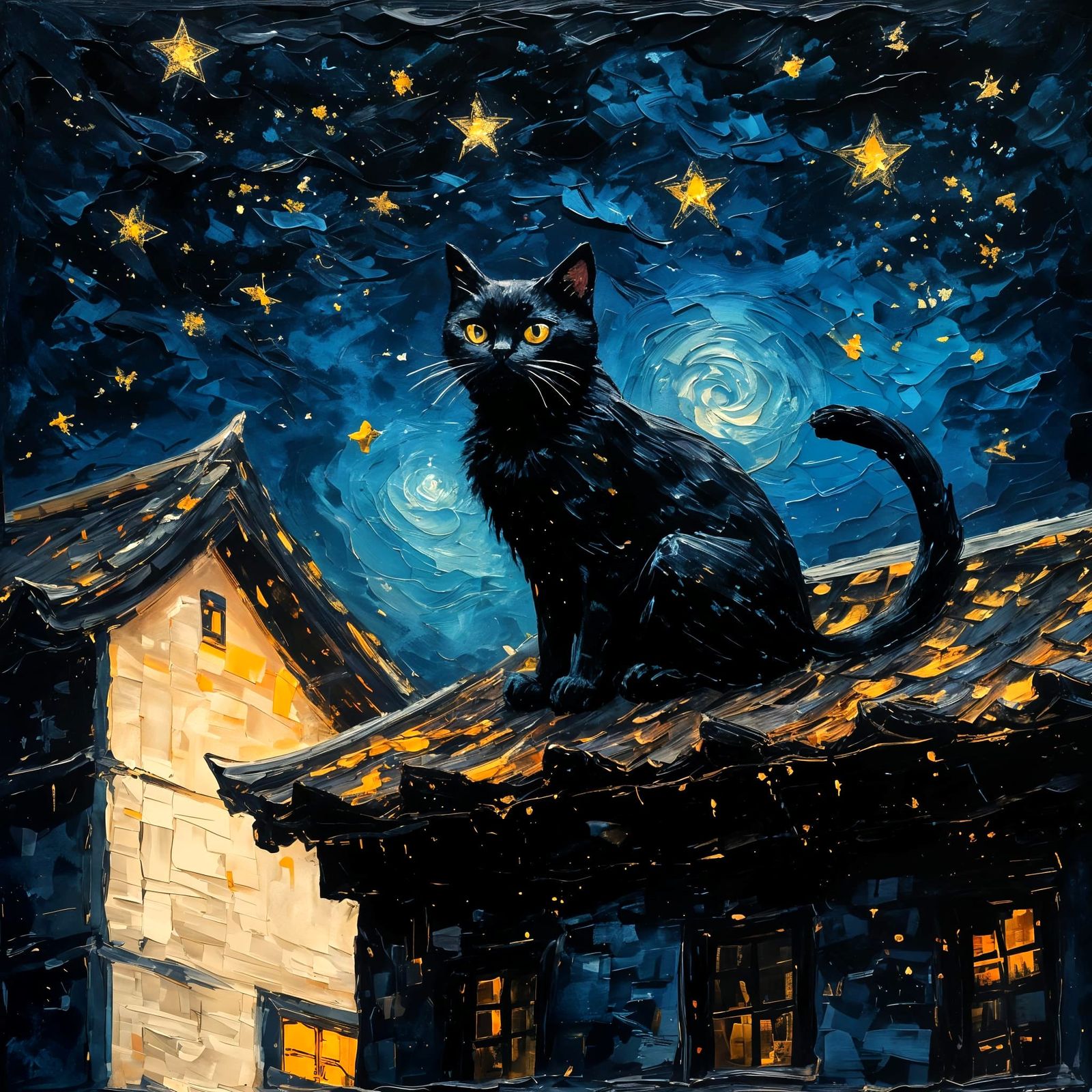 Black Cat on Japanese Roof: Impasto Oil Painting