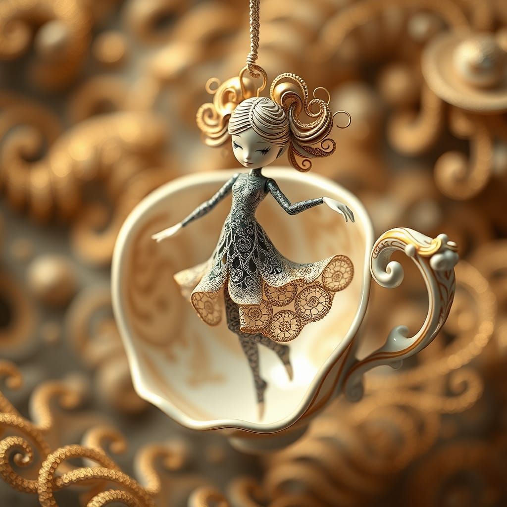 Dancing Doll in Ornate Mug with Fractal Patterns