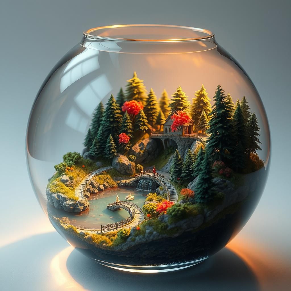 Enchanting Miniature World in Crystal Bowl