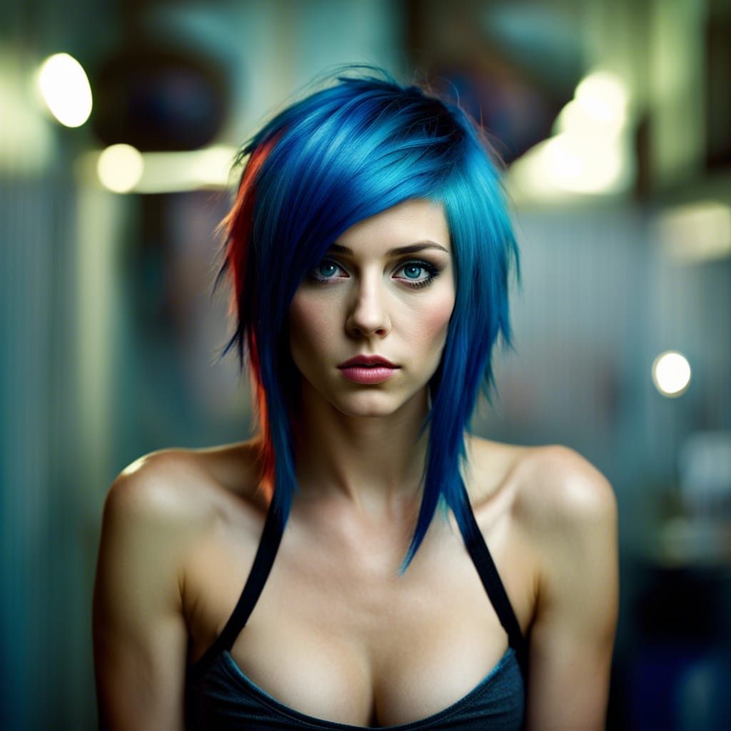 Close-Up Portrait of Blue-Haired Woman, Professional Photogr...