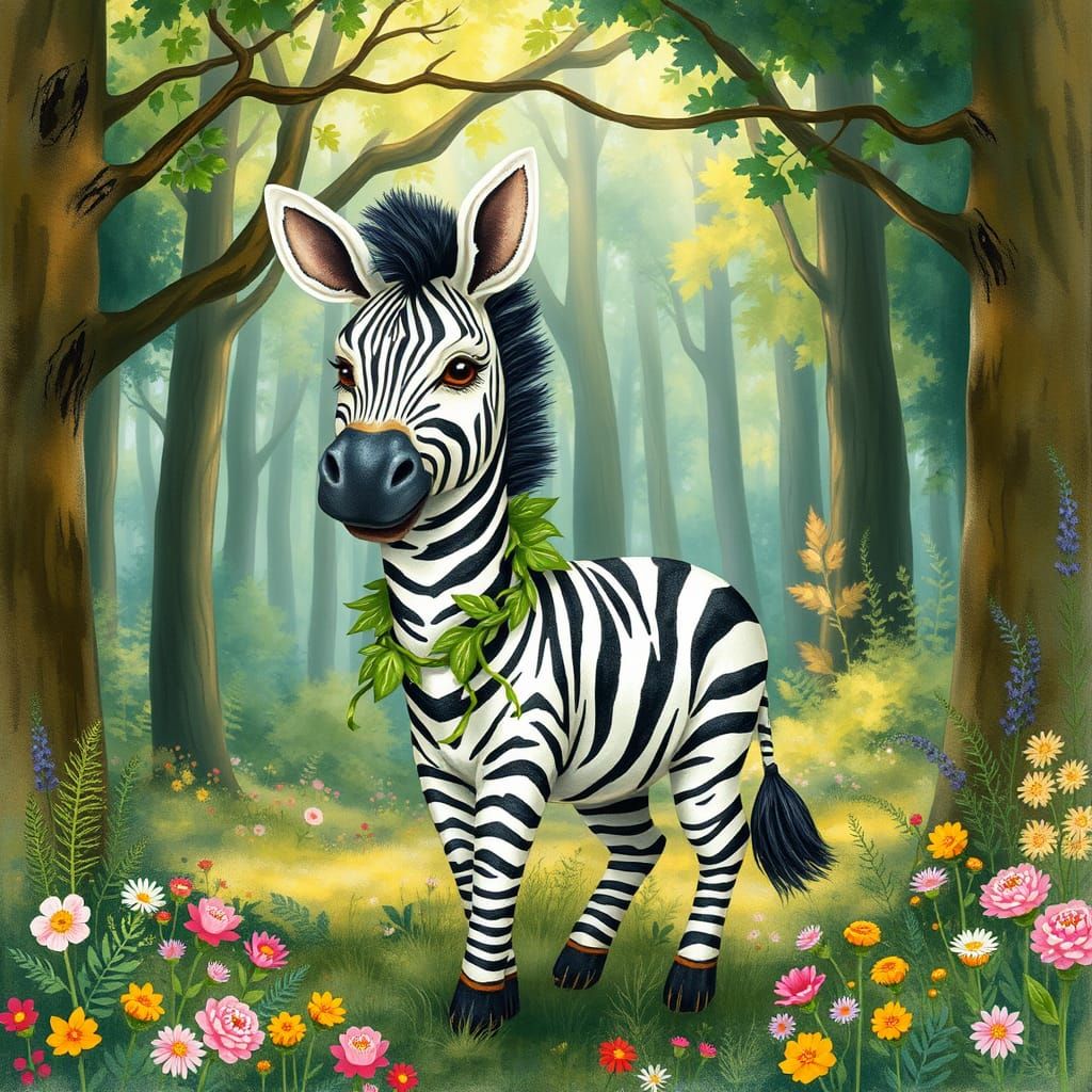 Whimsical Forest Zebra in Delicate Watercolor Style