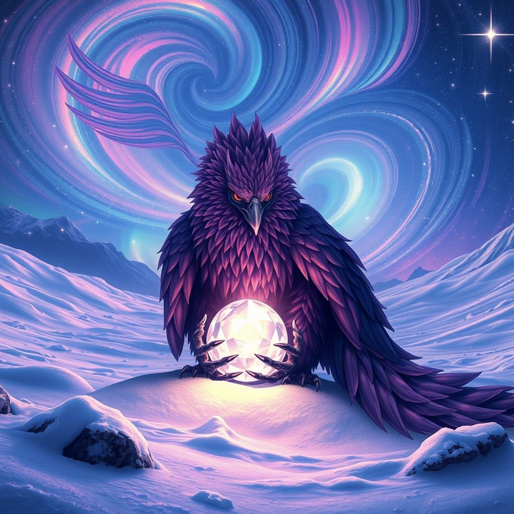Ethereal Phoenix in Iridescent Snowscape with Glowing Crysta...