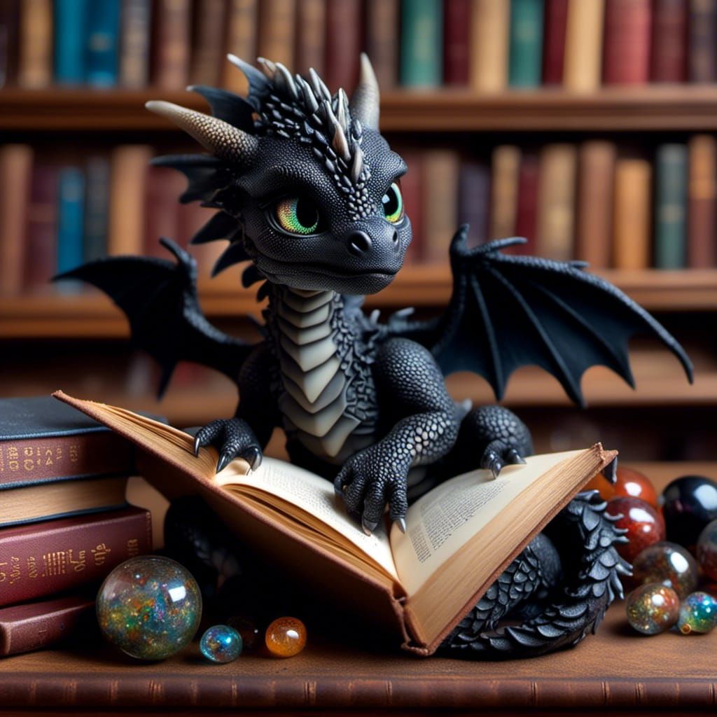 Black Dragon Hatchling Sleeping in Library