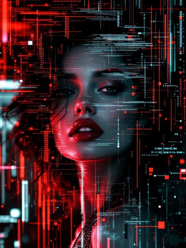 Glitch Photo of 1950s Pin-Up with Fractal Overlay