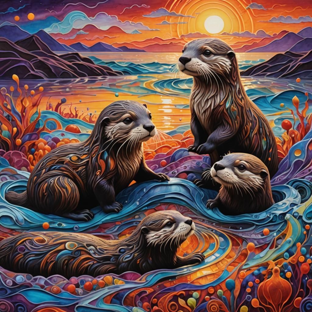 Frolicking Otters at Sunset in Wet Felting Style