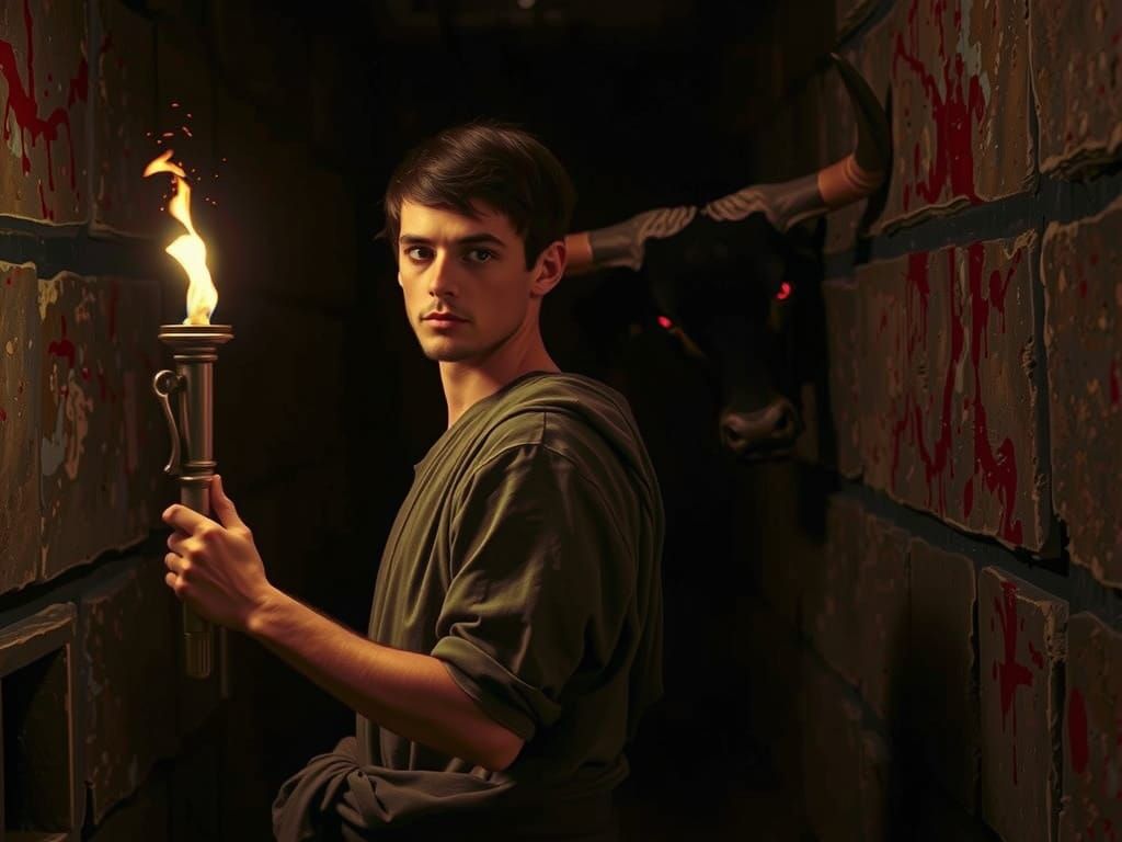 Ancient Greek Man Faces Minotaur in Labyrinth