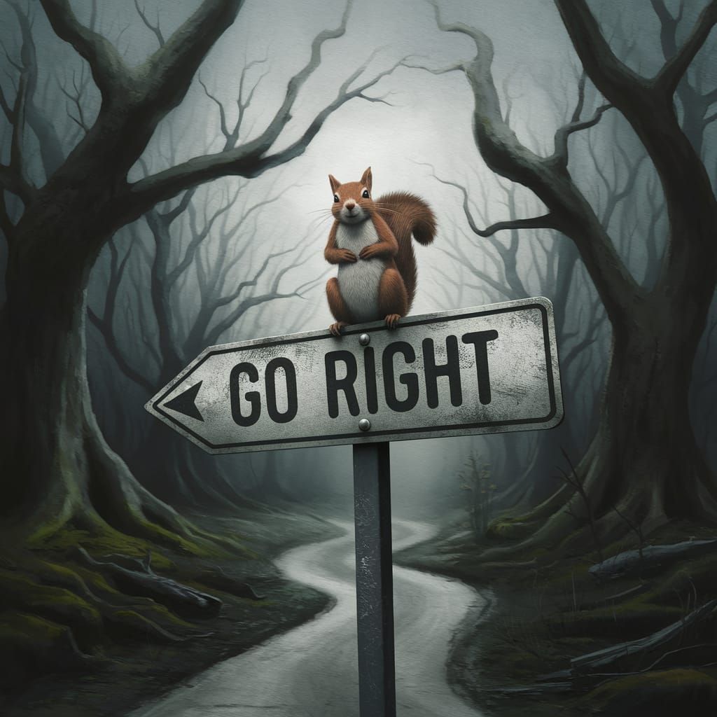 Surreal Squirrel Meets Fork in the Pathway