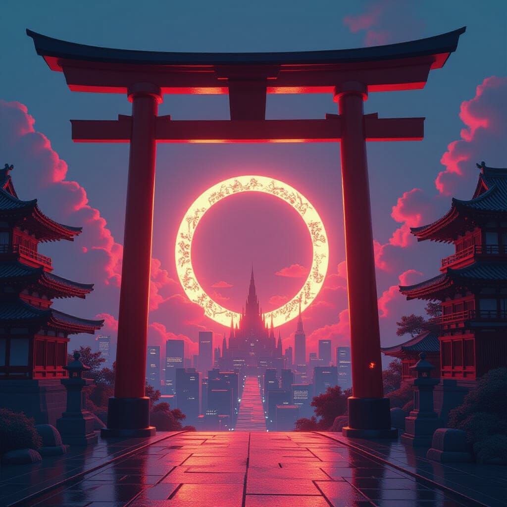 Art Nouveau Future City Portal with Japanese Gate