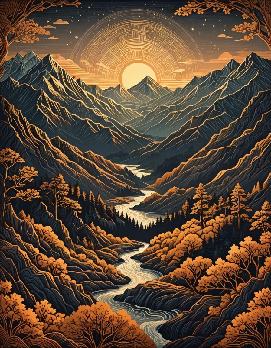 Majestic Mountain Woodcut on Computer Screen