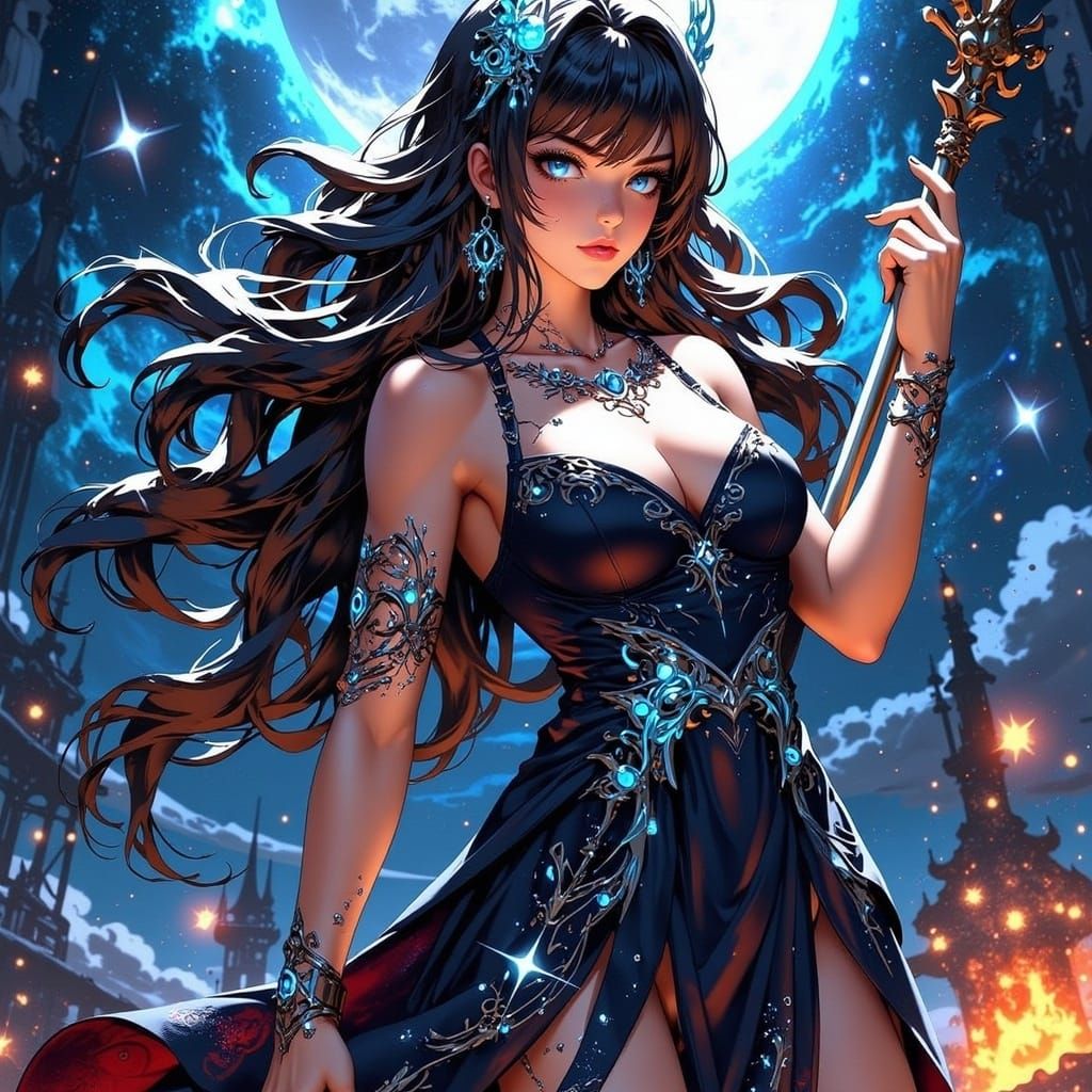 Anime Woman with Starfire Staff in Cosmic Supernova