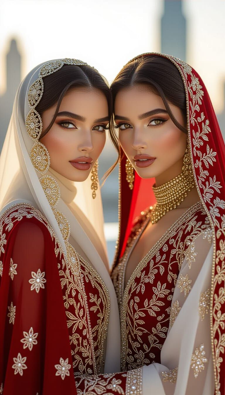 Elegant Arab Women in Crimson Gowns, Photorealistic Style