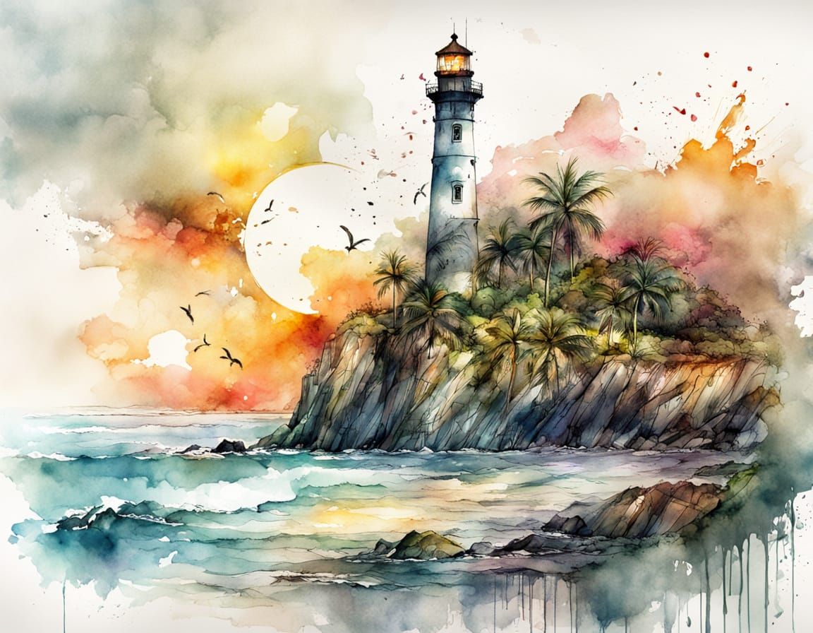 Tropical Lighthouse Sunset Ink and Watercolor Illustration