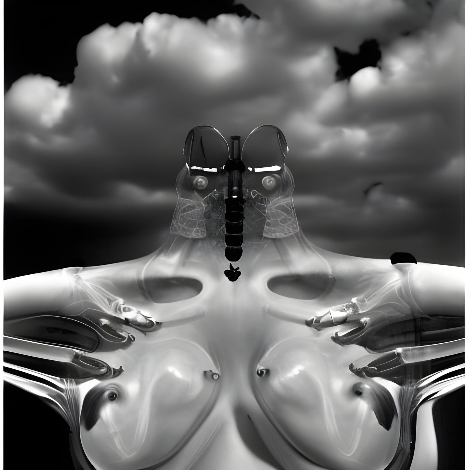 Hyperrealistic Cyborg Wasp in Mirrored Cloudscape