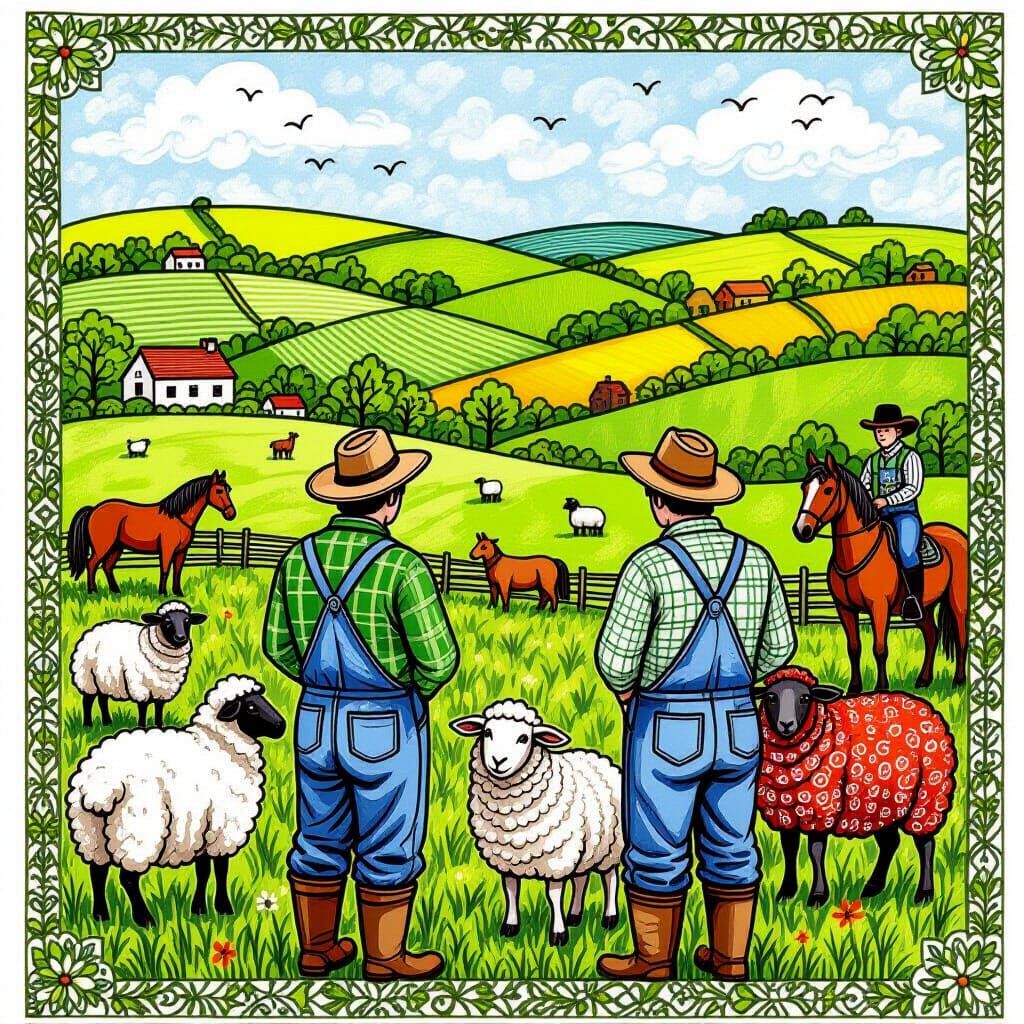 Zentangle Irish Farm Scene with Farmers and Animals