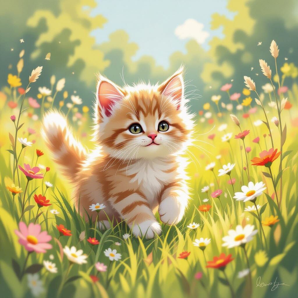 Fluffy Kitten in Sunny Meadow, Whimsical Illustration