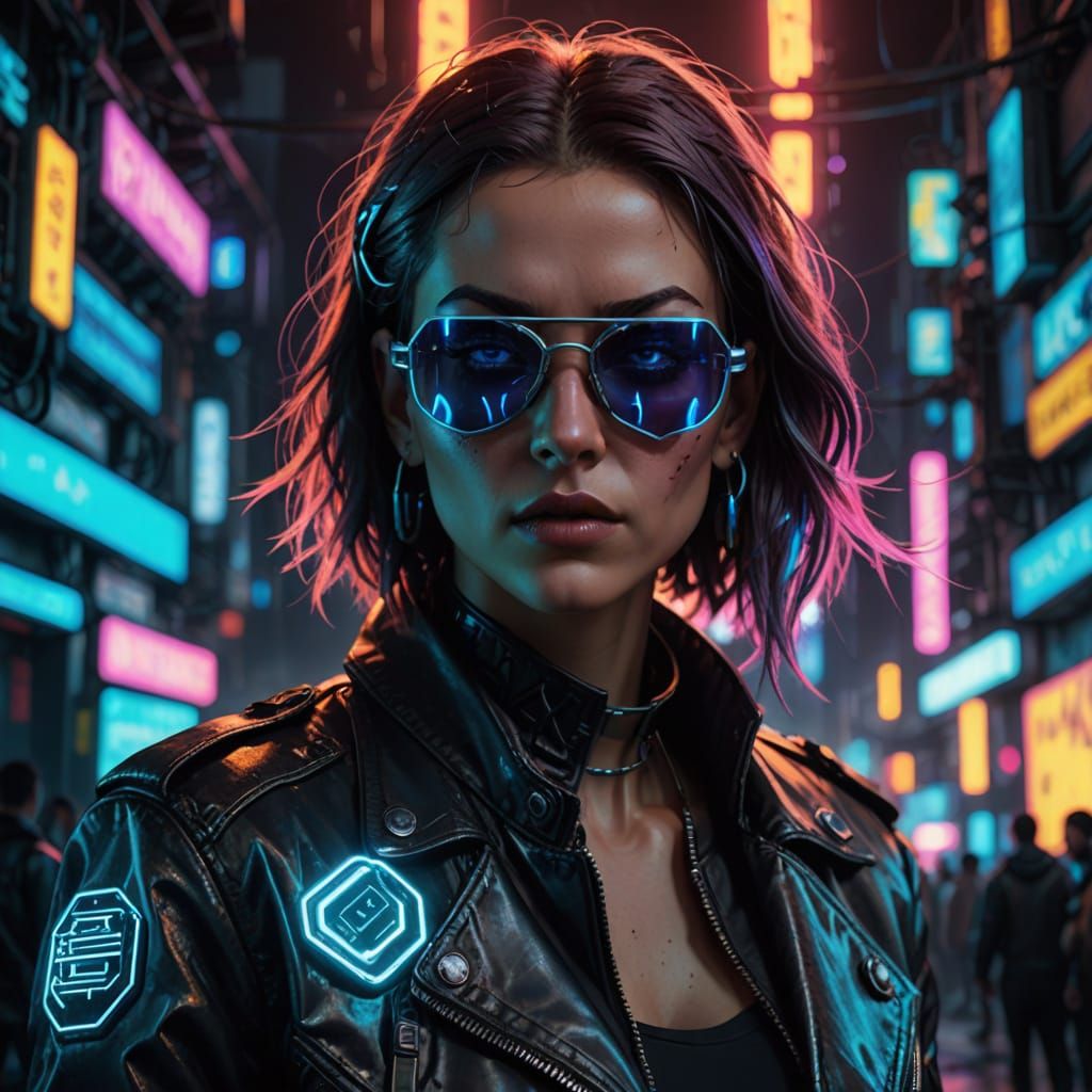 Cyberpunk Woman in Neon-Lit Cityscape