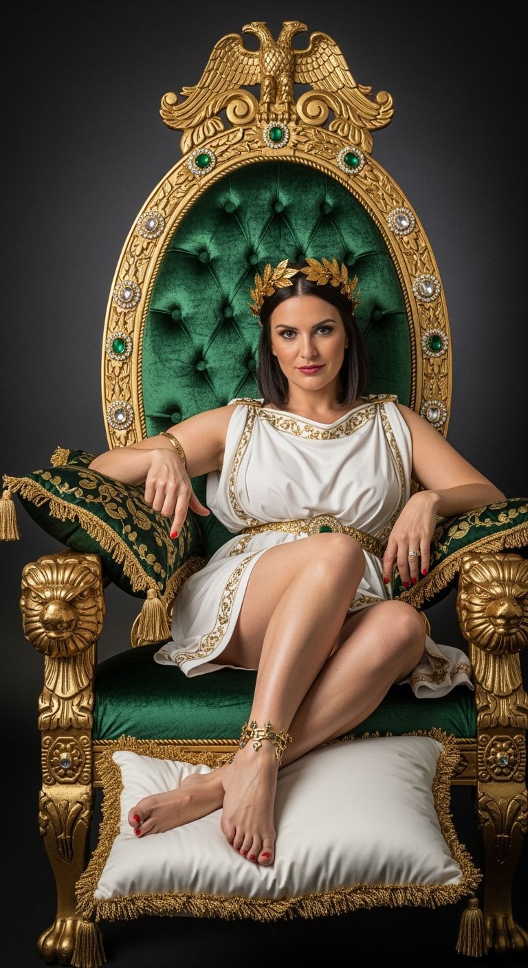 Seductive Roman Empress on Luxurious Gold Throne