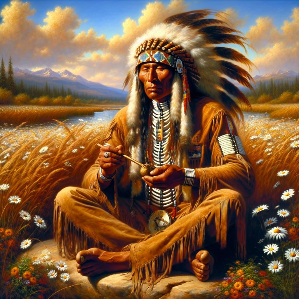 Native American Man in Daisy Field Oil Painting