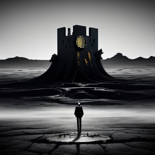 Surreal Grayscale Watchers in Desolate Landscape