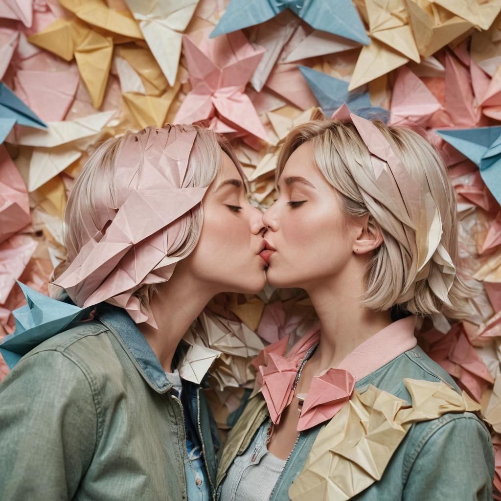 Two Women Kissing Amidst Origami Paper Folds