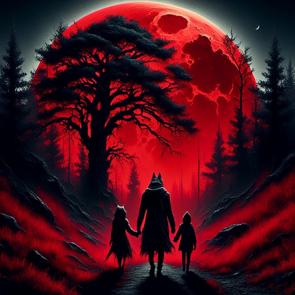 Red Moon Over Ancient Forest Landscape
