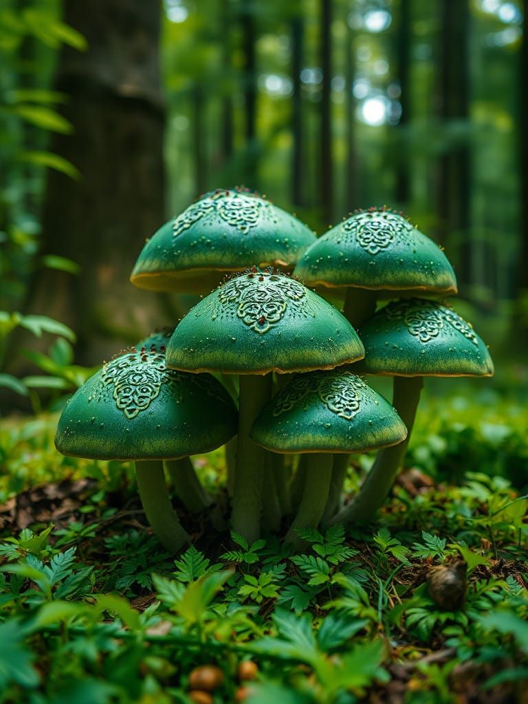 Lush Forest: Emerald Mushrooms in Hyper-Realistic Style