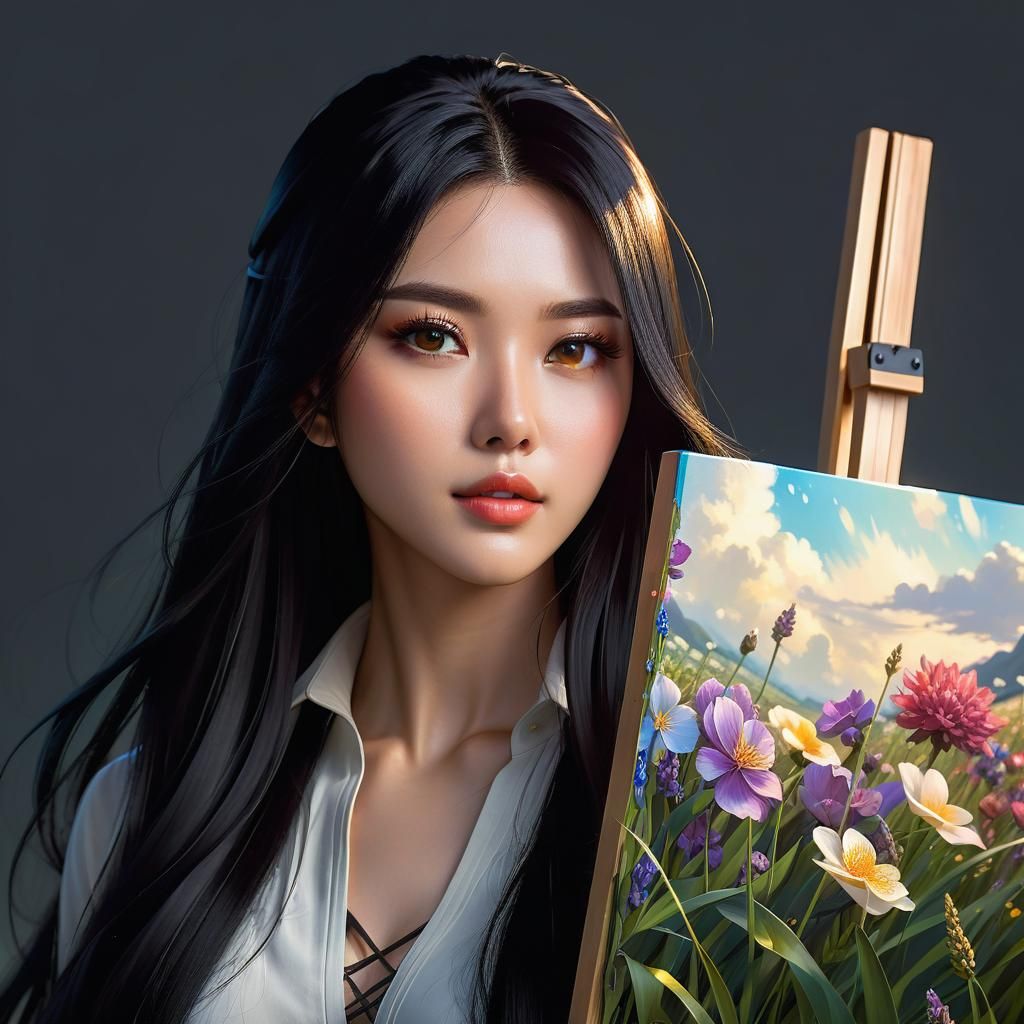 Anime Thai Girl Acrylic Painting in Flower Field