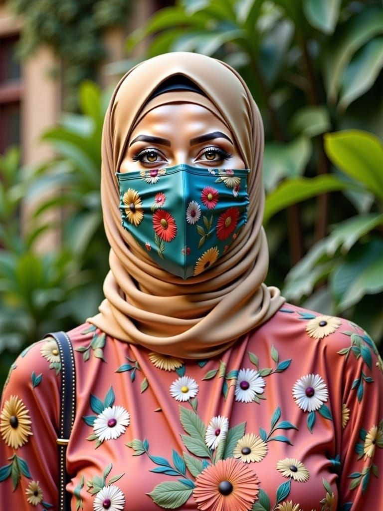Beautiful Young Woman in Hijab and Flower Patterned Dress