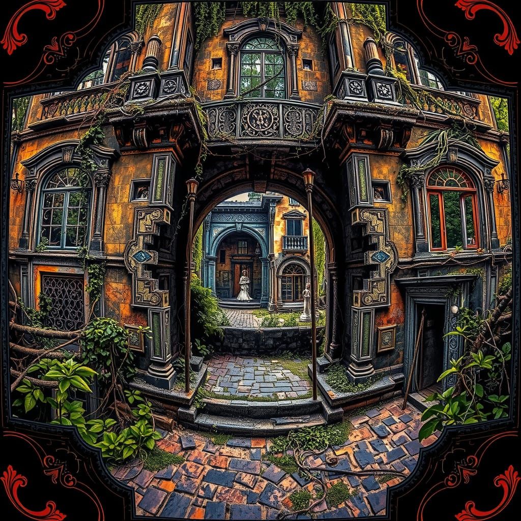 Abandoned City with Vines and Crumbling Structures