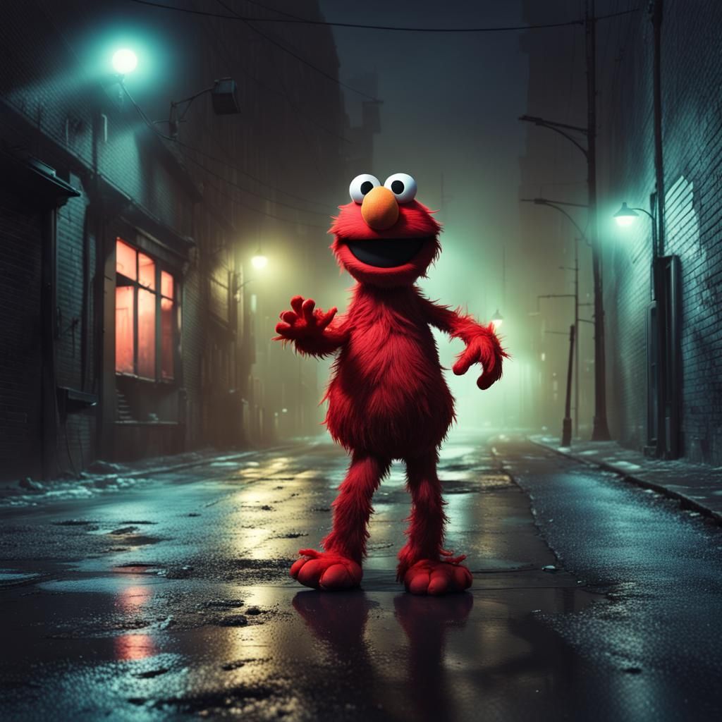 Elmo hunting for prey along a deserted alleyway.