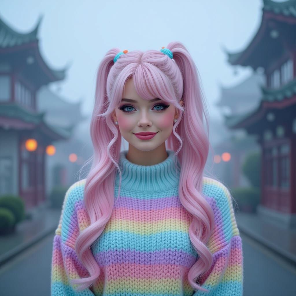 Pastel Gothic Ariel in Iridescent Sweater with VHS Effects