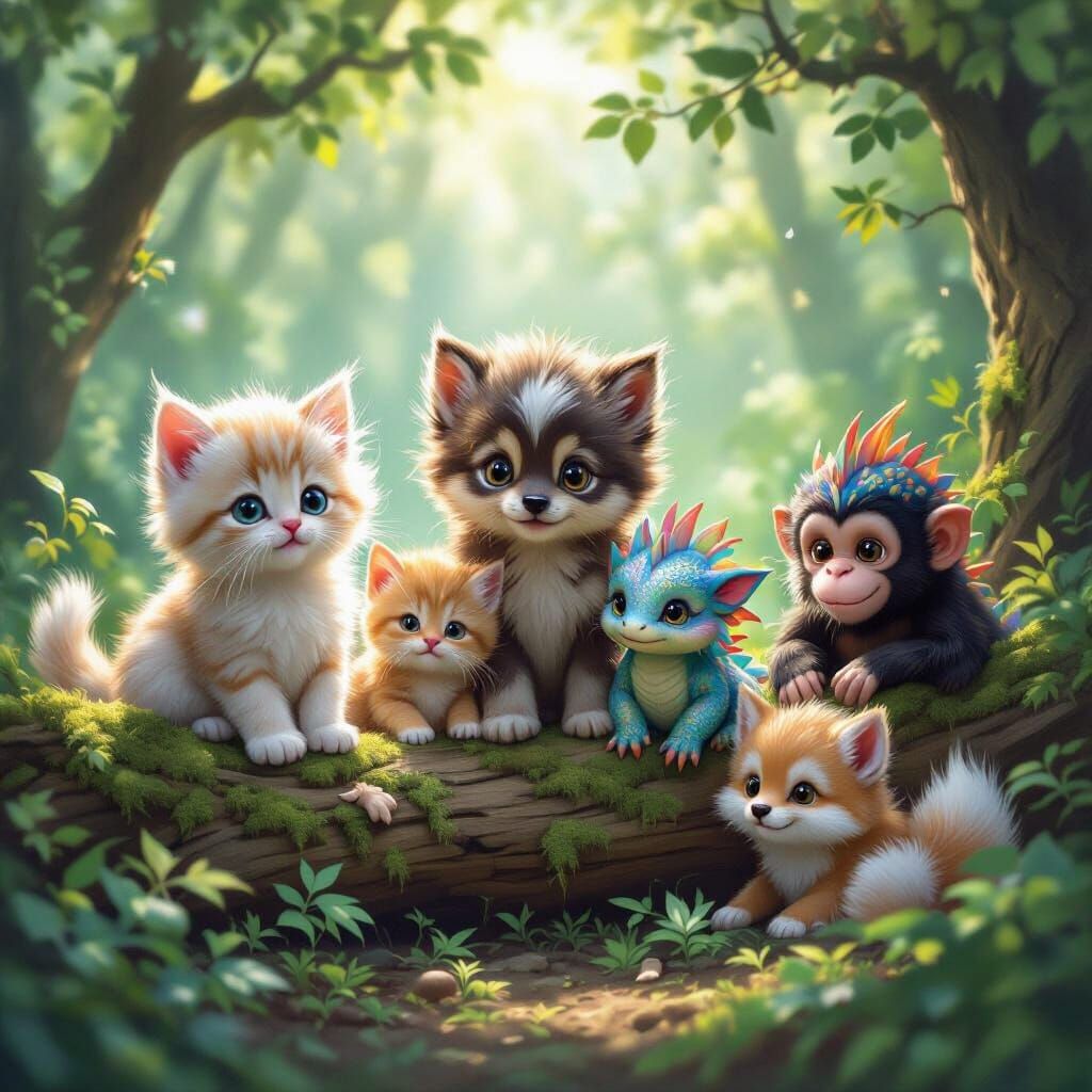 Adorable Fluffy Baby Animals in Enchanting Forest