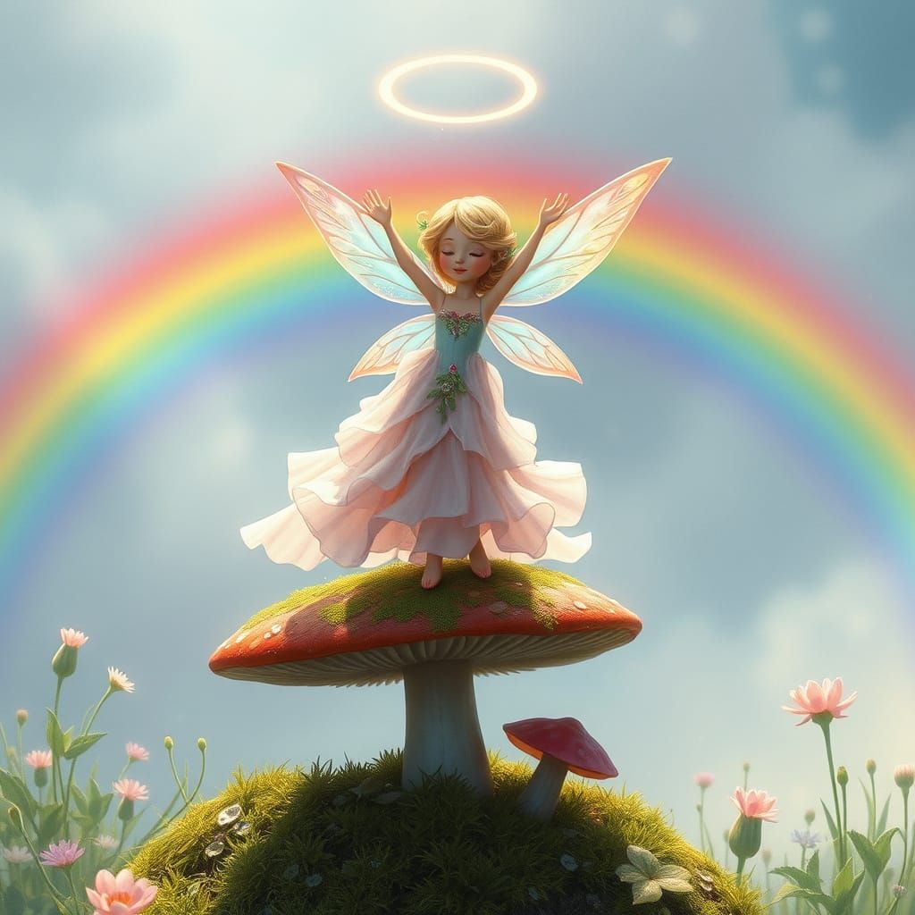 Fairy Conjured Rainbow in Whimsical Spring Morning Scene