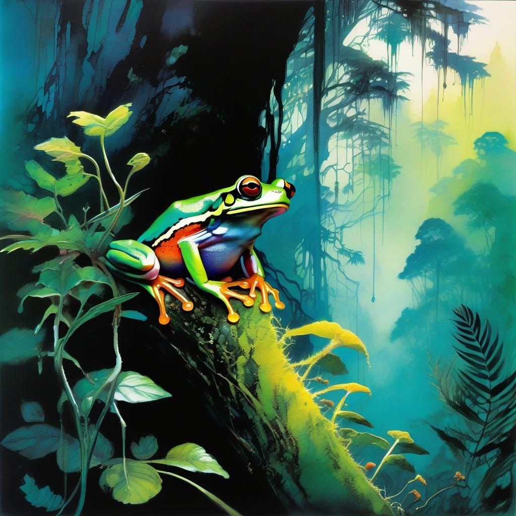 Rainforest Frog Silhouette in Watercolor Landscape