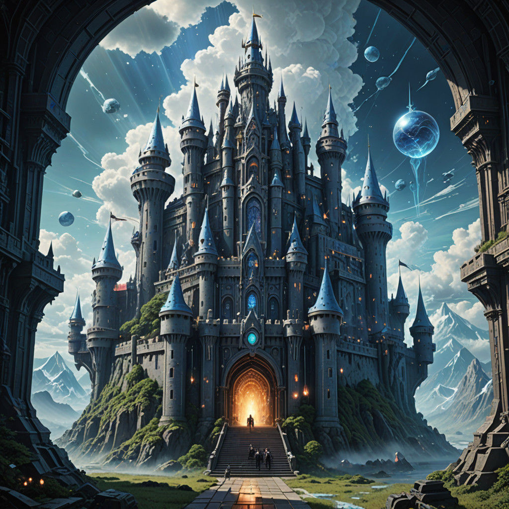 Ethereal Aetherpunk Castle Amidst Celestial Wonders