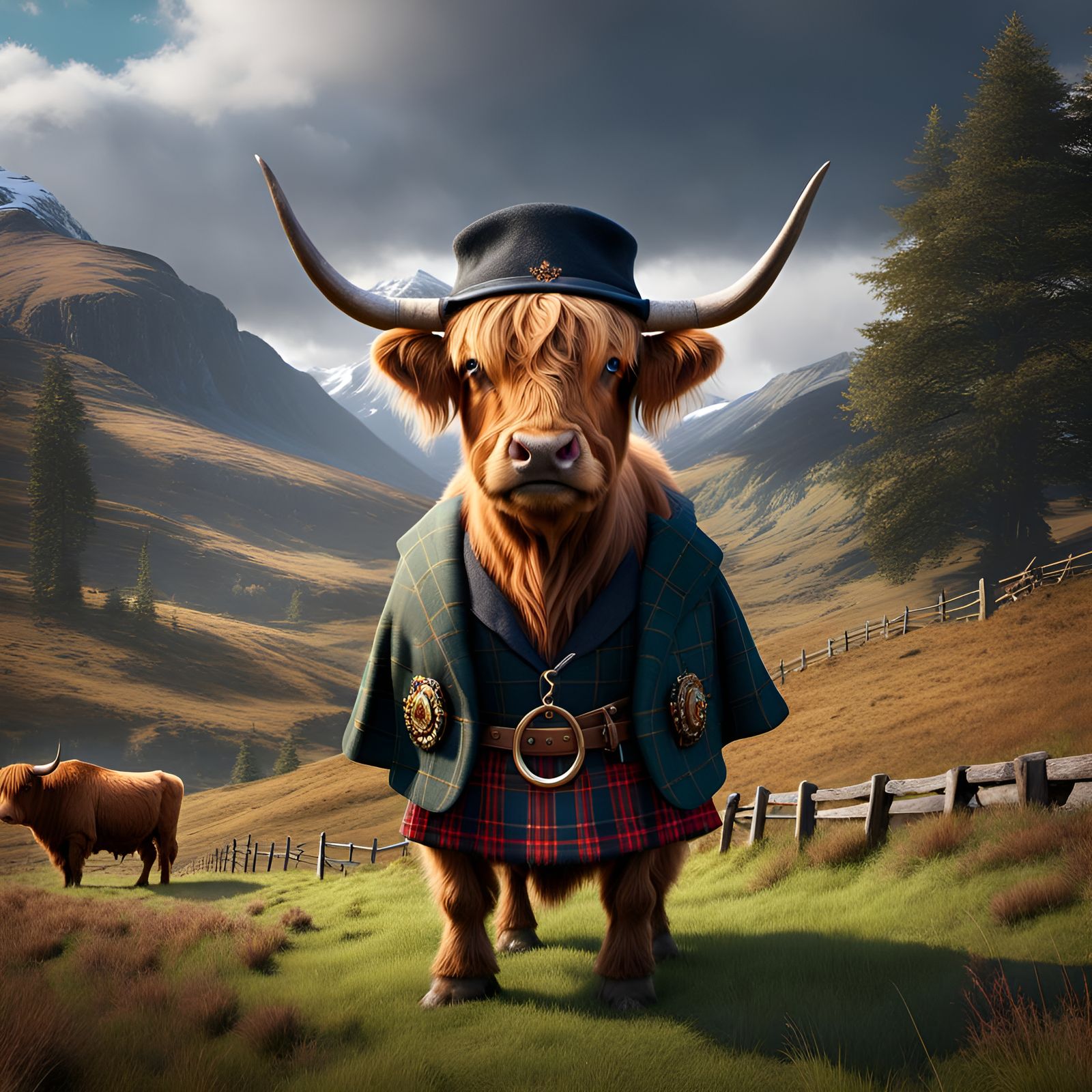 Highland Cow in Kilt: Detailed Matte Painting
