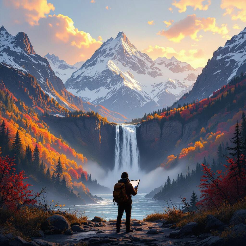 Traveler Sketches Majestic Mountain Waterfall in Autumn
